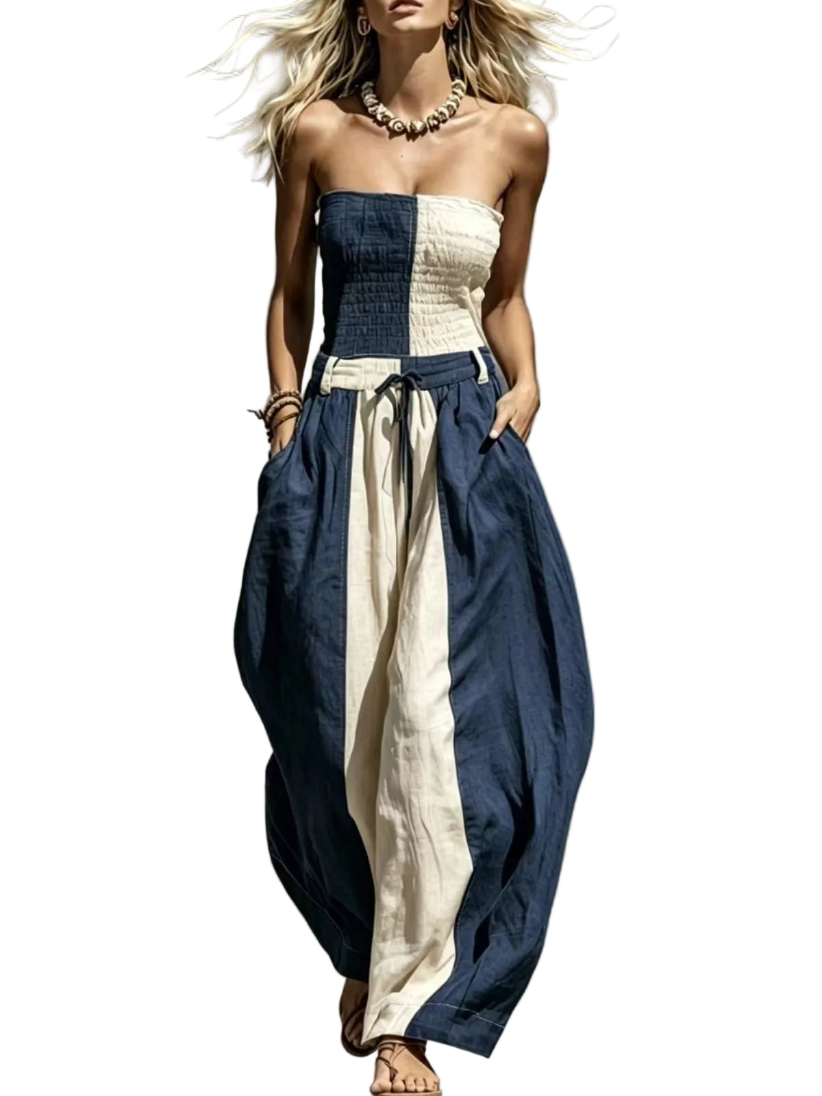 Sleeveless Color-Block Elastic-Waist Wide-Leg Jumpsuit