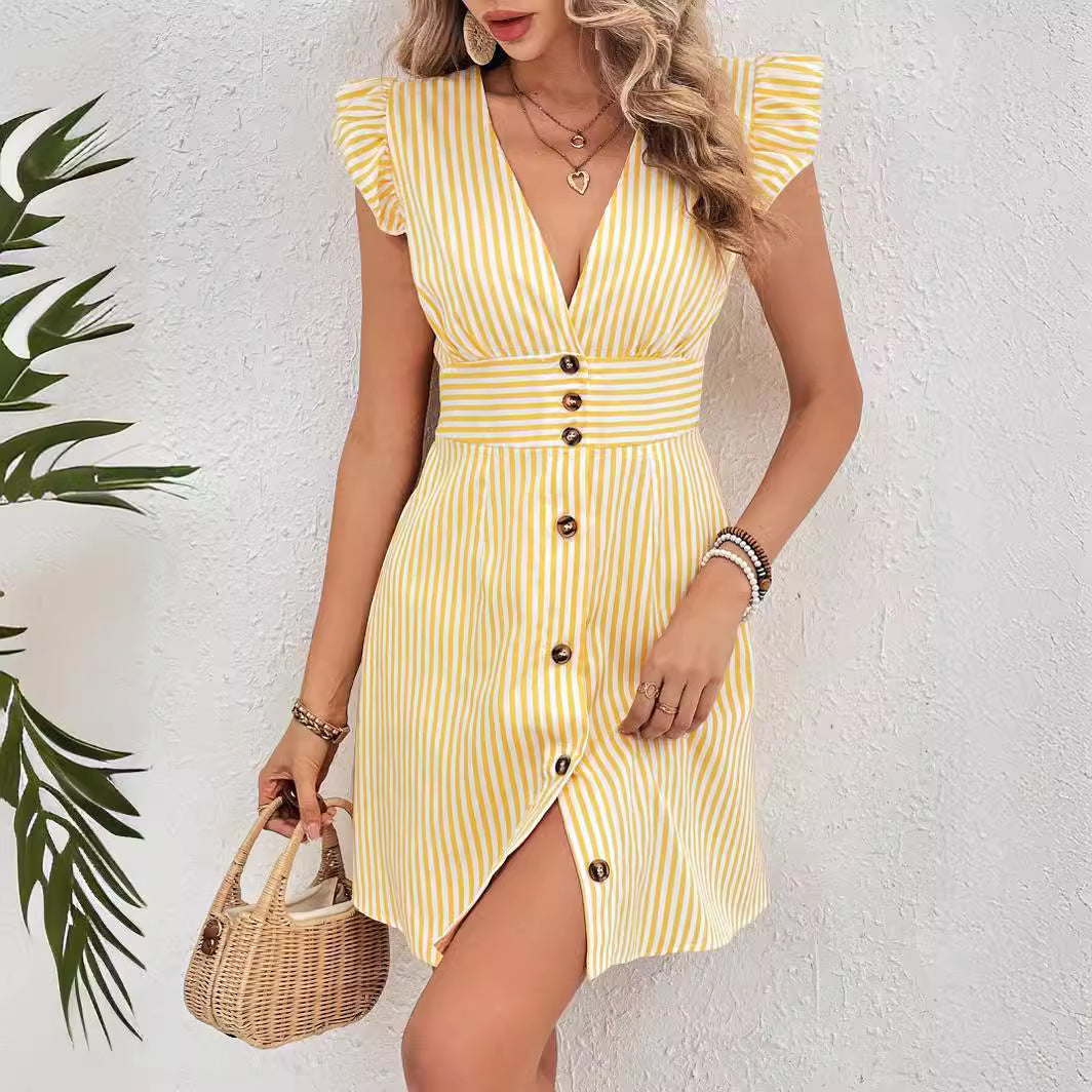 Yellow Striped V-Neck Button-Front Ruffle Mini Dress