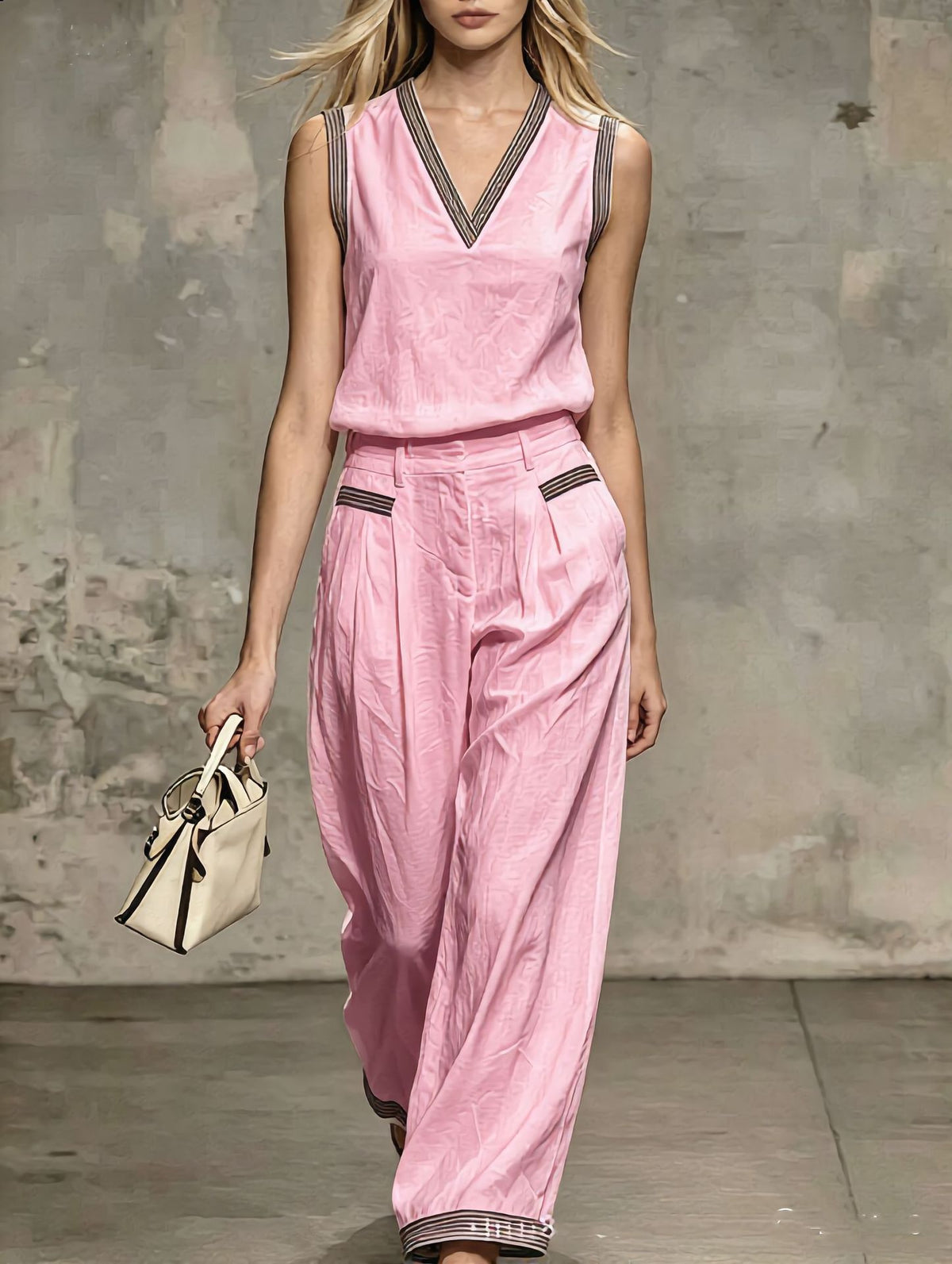 V-neck Vest Linen Sleeveless Top Wide-leg Pants