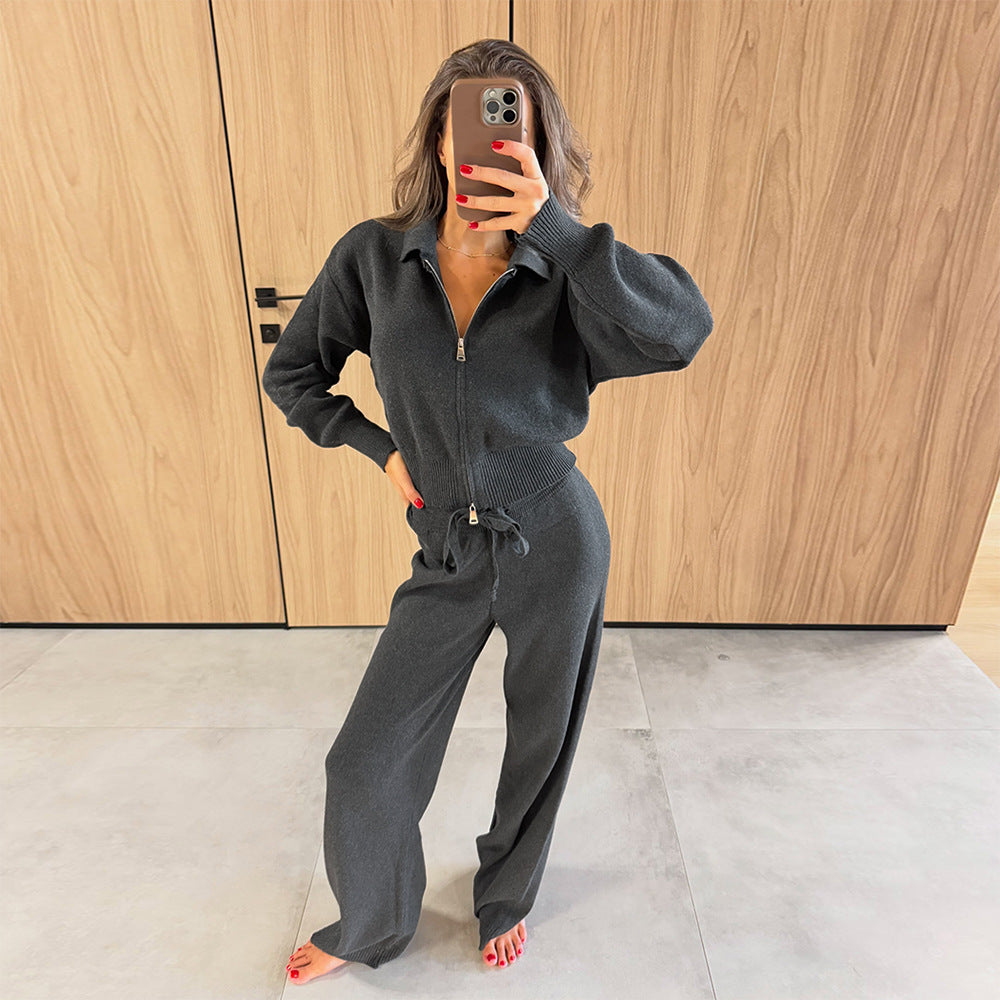 Zip-up Sweater Cardigan And Drawstring Knit Pants Set