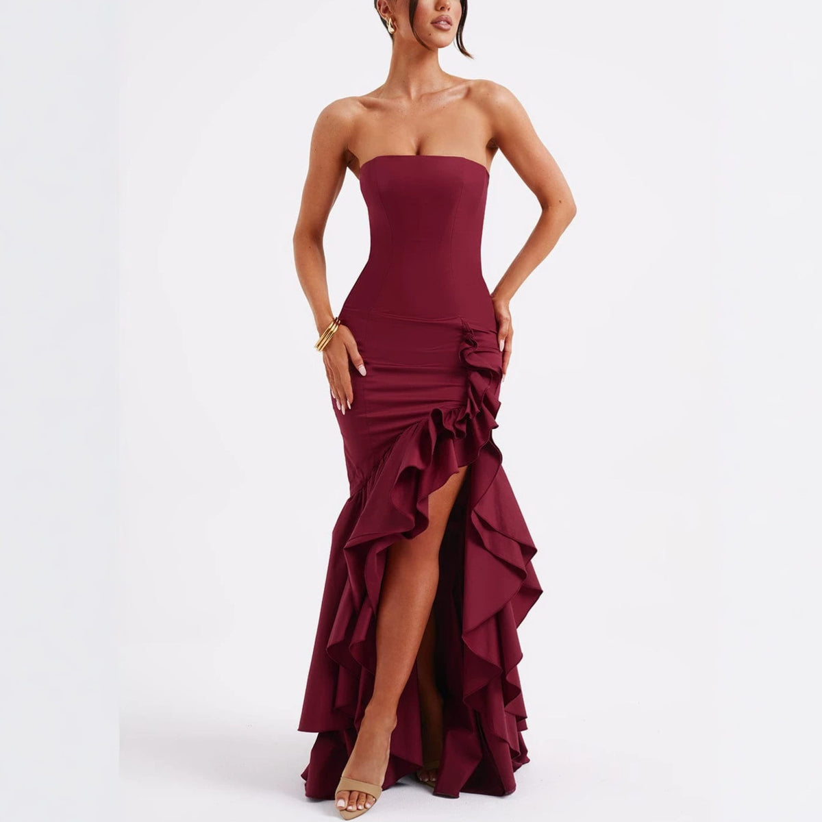 Strapless High-Low Ruffle Mermaid Evening Dress