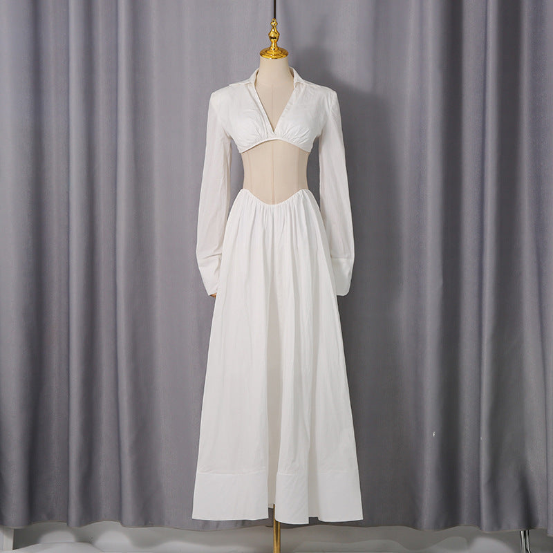 White Cutout Shirt Collar Two-Piece Set - Long Sleeve Crop Top & High-Waisted Maxi Skirt