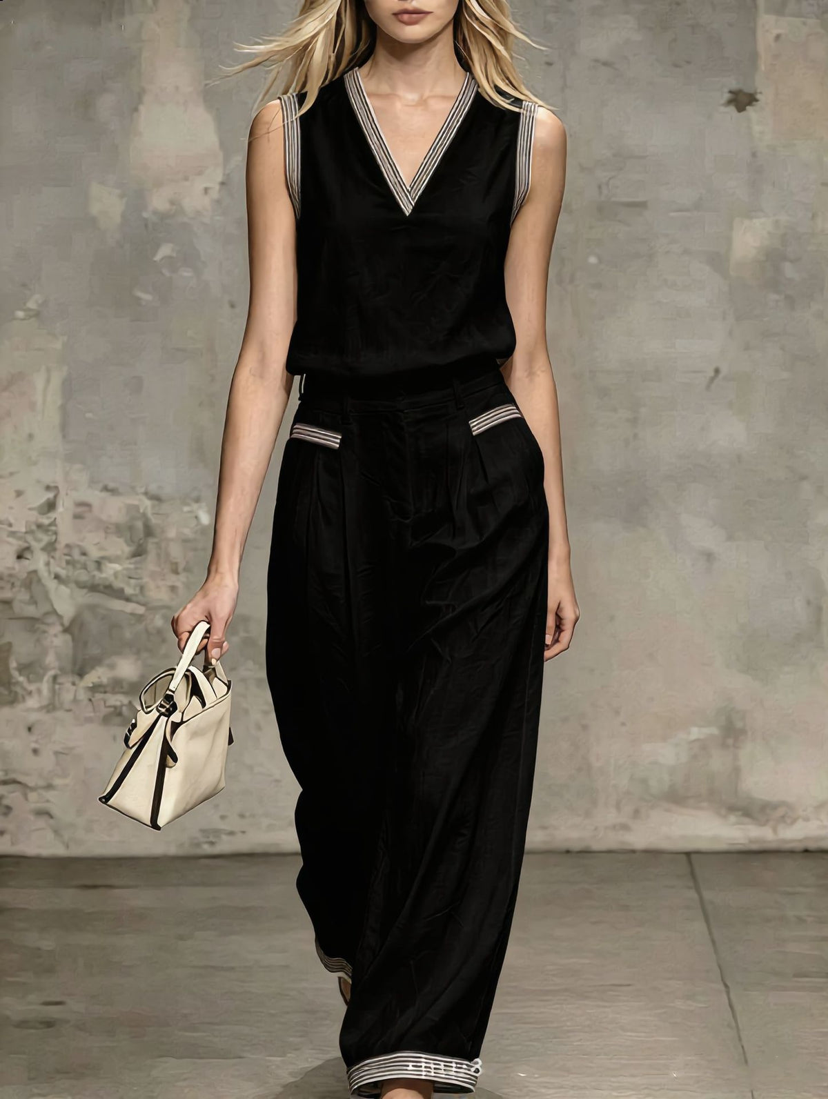 V-neck Vest Linen Sleeveless Top Wide-leg Pants