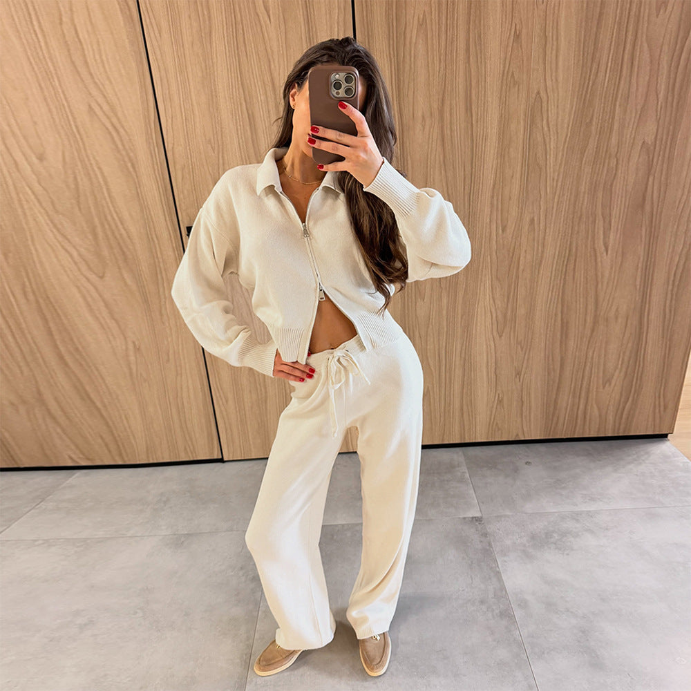 Zip-up Sweater Cardigan And Drawstring Knit Pants Set