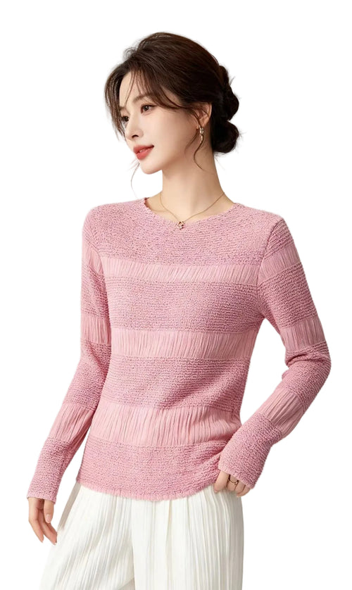 3D Geometric Textured Stretch-Polyester Long-Sleeve Top