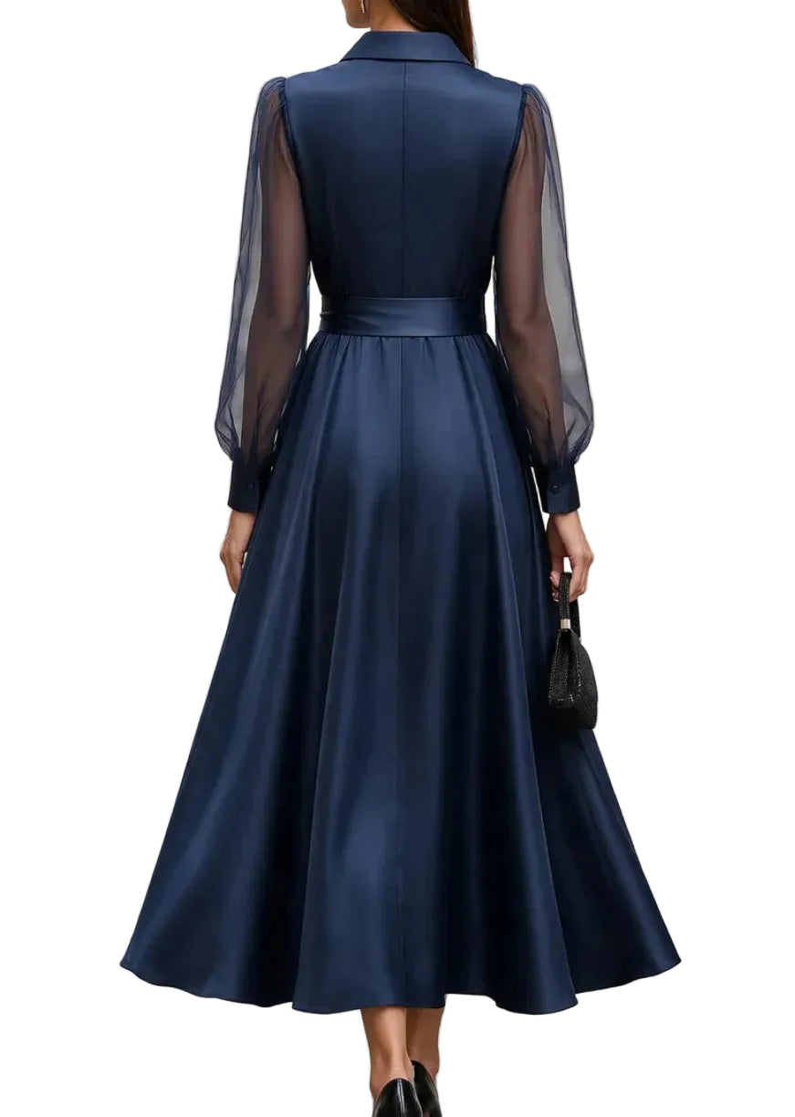 Sheer-Sleeve Satin-Effect A-Line Shirt Dress