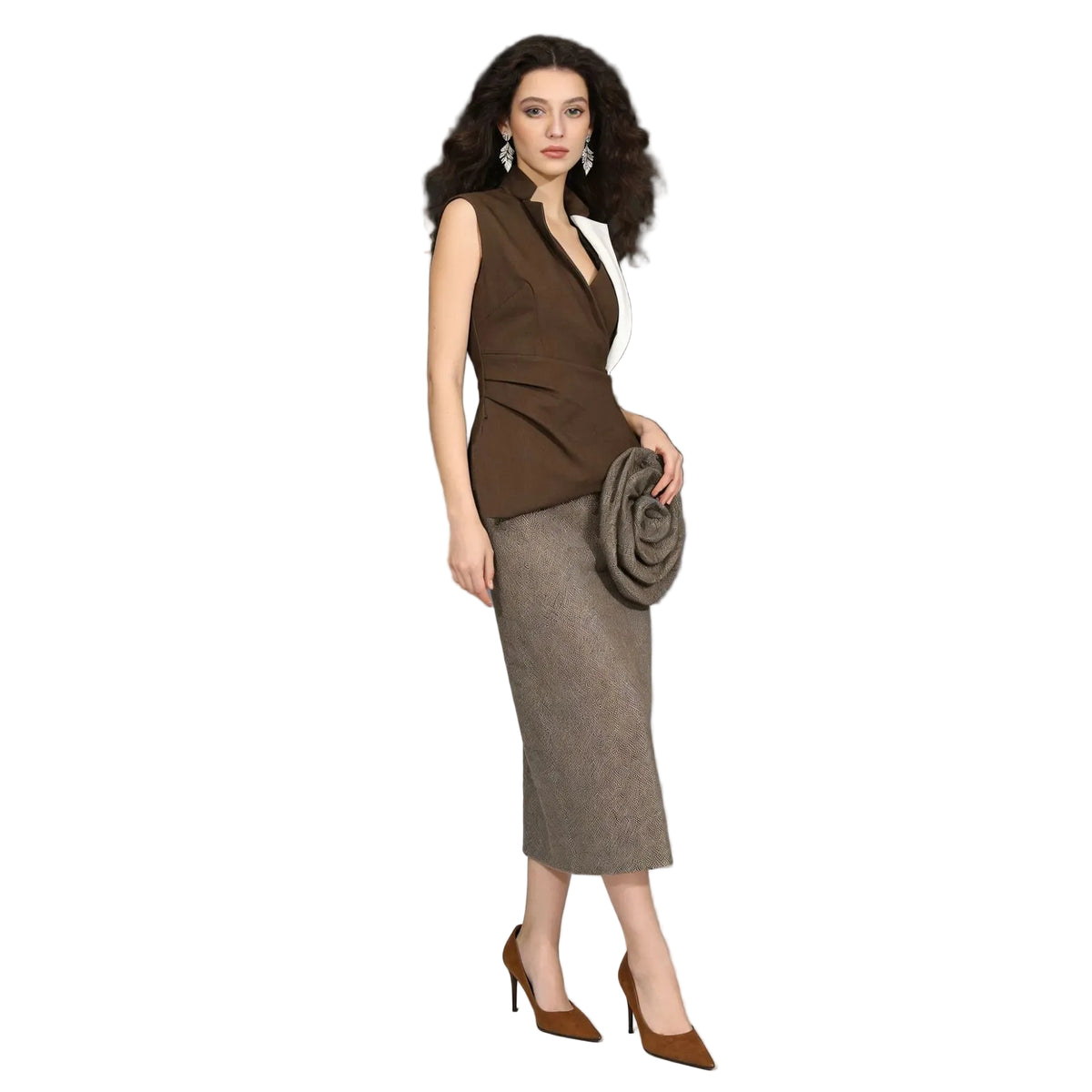 Brown Color-Block Tailored Sleeveless Blouse