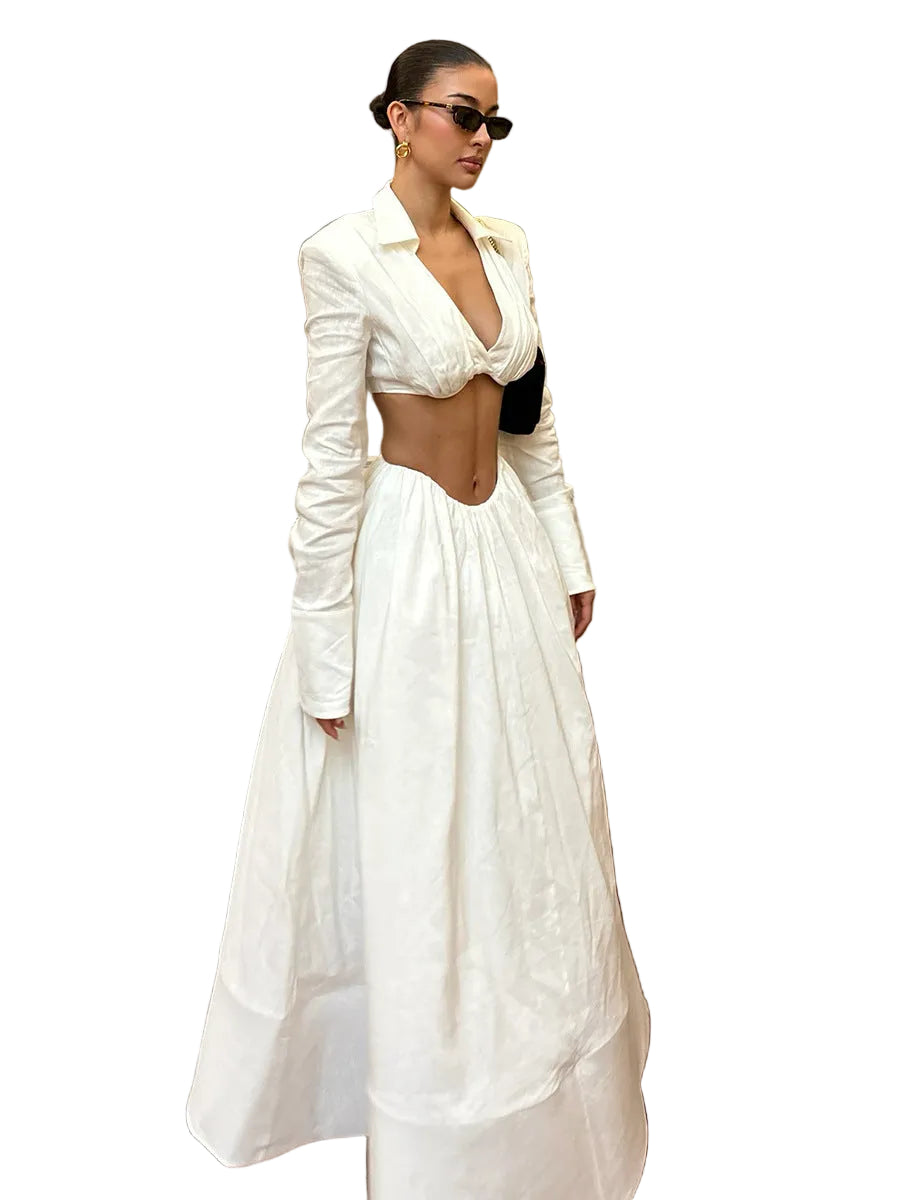 White Cutout Shirt Collar Two-Piece Set - Long Sleeve Crop Top & High-Waisted Maxi Skirt