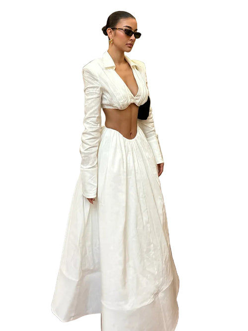 White Cutout Shirt Collar Two-Piece Set - Long Sleeve Crop Top & High-Waisted Maxi Skirt
