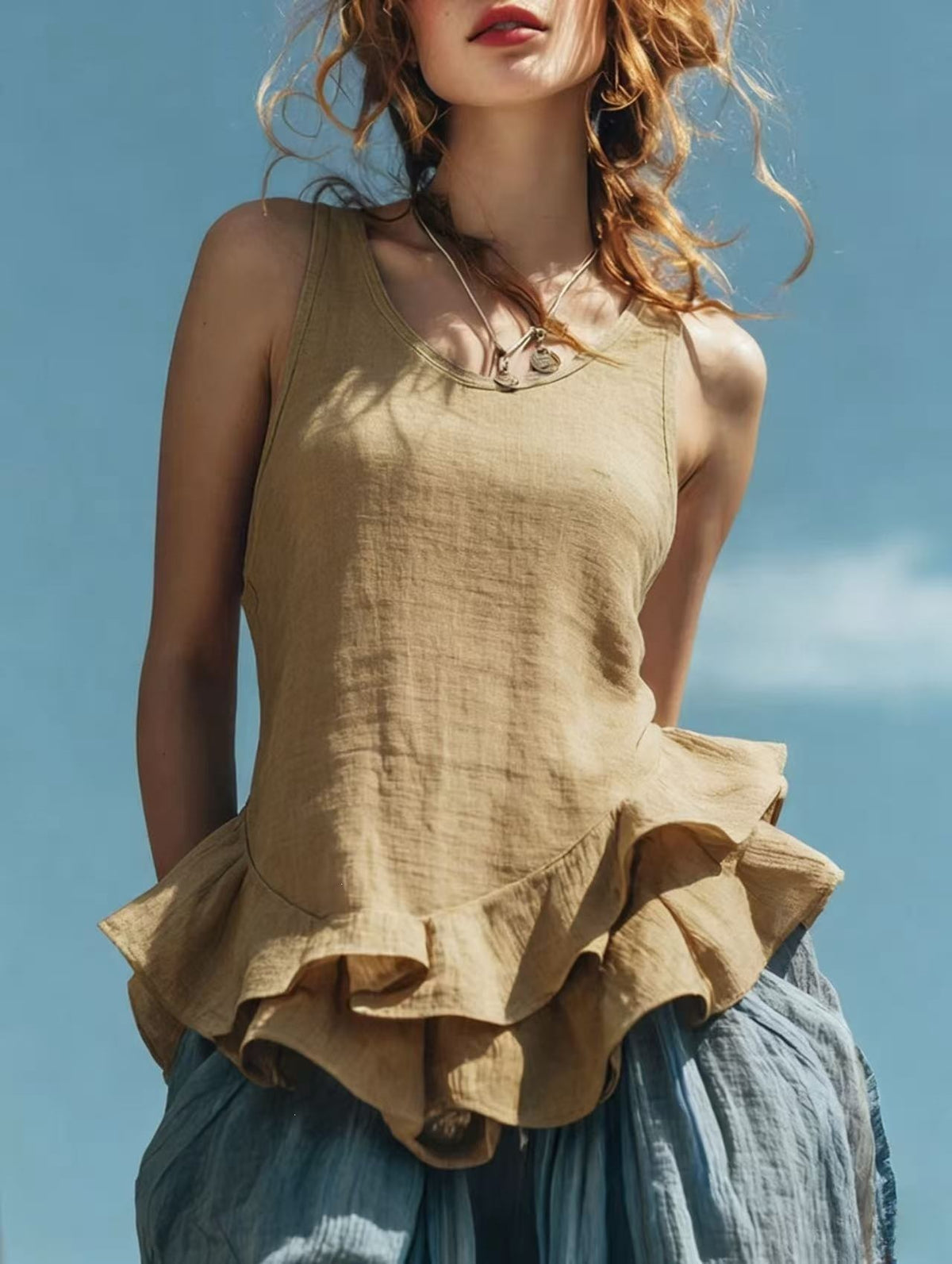 Washed Linen-Blend Ruffle-Hem Sleeveless Top