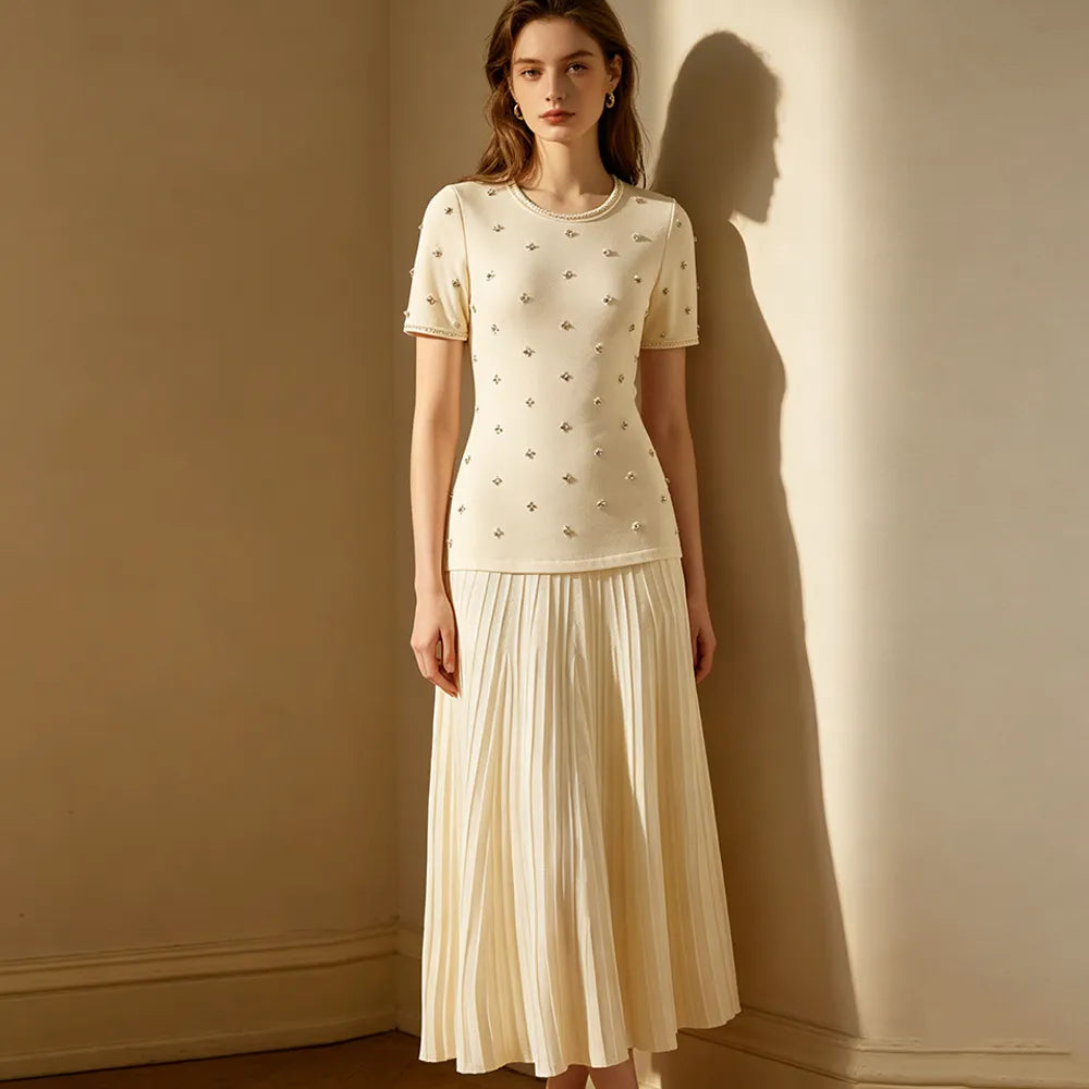 Geometric Embellished Knitted Pleated Maxi Dress