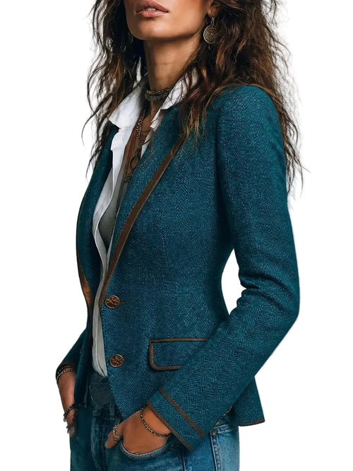 Asymmetric Contrast-Trim Patchwork Blazer