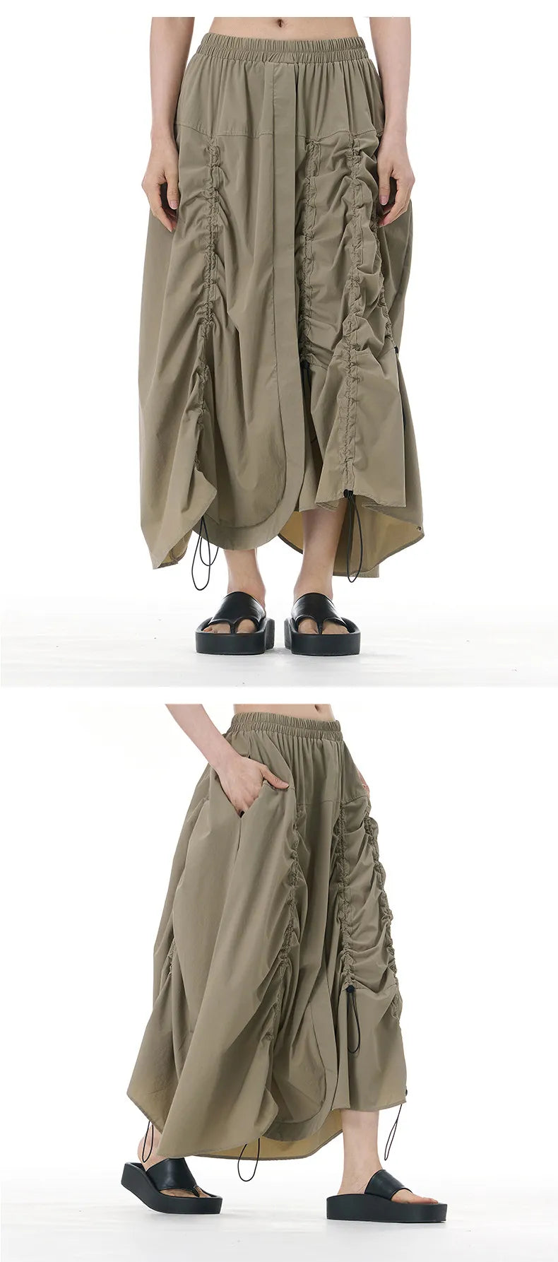 Pleated Drawstring Button-Detail Flare Midi Skirt