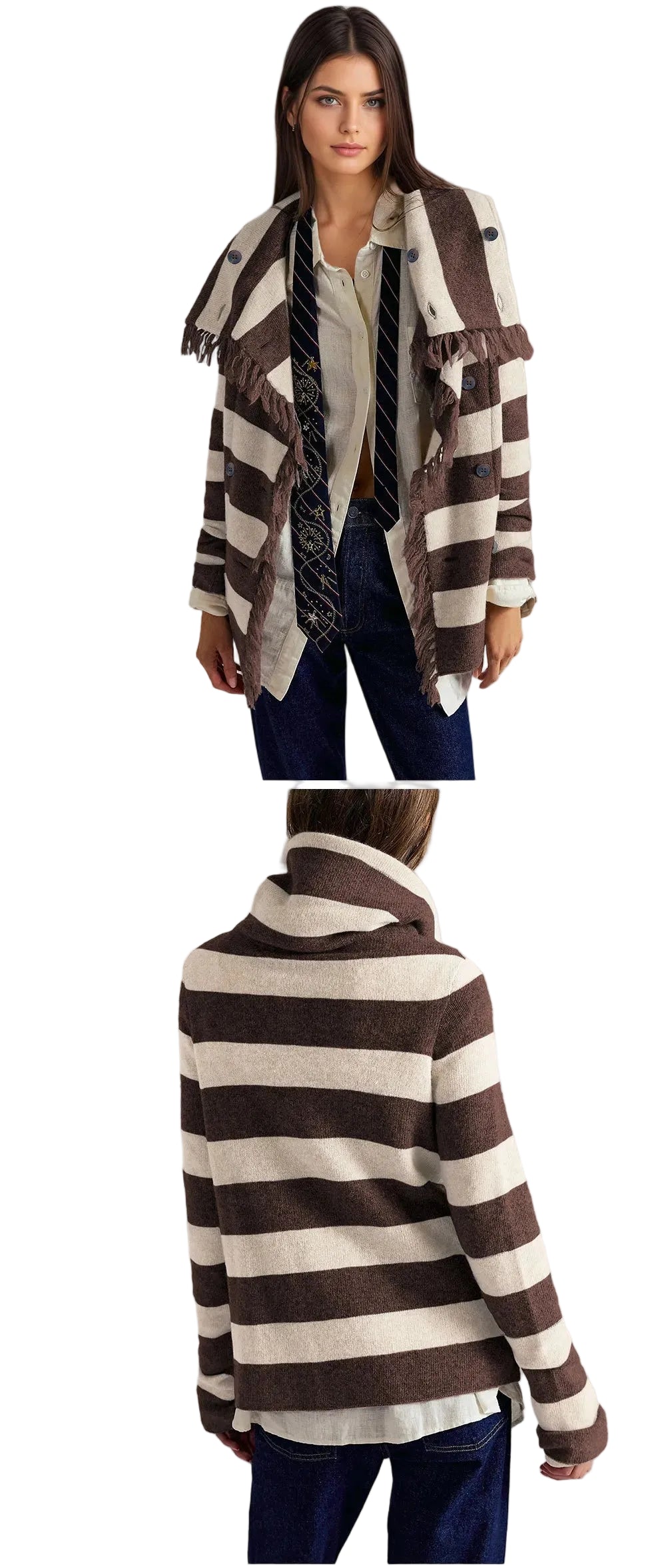 Khaki & Brown Contrast Stripe Fringed Knit Jacket